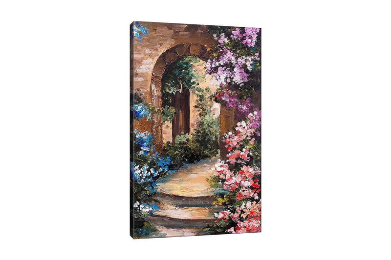 Canvastavla 70x100 cm - Vacker gränd med blommor som omger en båge av sten - Ljusblå / Rosa / Grön - Inredning - Tavlor & posters - Canvastavla