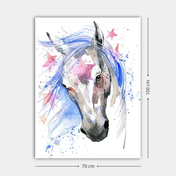 Canvastavla 70x100 cm - Vacker häst med en flödande blå man och rosa stjärnor som accentuerar motivet - Blå / Grå / Rosa - Inredning - Tavlor & posters - Canvastavla