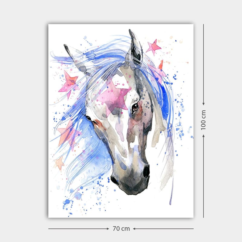 Canvastavla 70x100 cm - Vacker häst med en flödande blå man och rosa stjärnor som accentuerar motivet - Blå / Grå / Rosa - Inredning - Tavlor & posters - Canvastavla