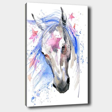 Canvastavla 70x100 cm - Vacker häst med en flödande blå man och rosa stjärnor som accentuerar motivet - Blå / Grå / Rosa - Inredning - Tavlor & posters - Canvastavla