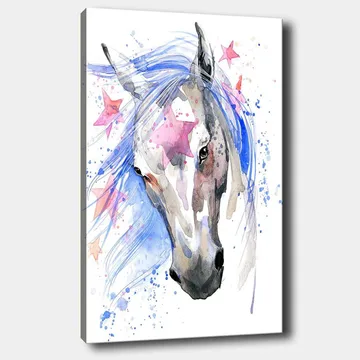 Canvastavla 70x100 cm - Vacker häst med en flödande blå man och rosa stjärnor som accentuerar motivet - Blå / Grå / Rosa - Inredning - Tavlor & posters - Canvastavla