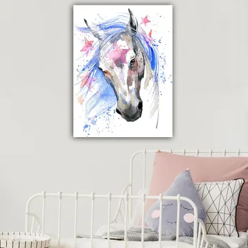 Canvastavla 70x100 cm - Vacker häst med en flödande blå man och rosa stjärnor som accentuerar motivet - Blå / Grå / Rosa - Inredning - Tavlor & posters - Canvastavla