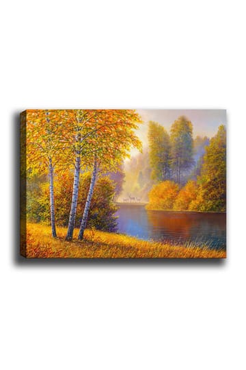 Canvastavla 70x100 cm - Vacker höstlandskap med björkar vid en stilla sjö - Guldorange / Grön / Blå - Inredning - Tavlor & posters - Canvastavla