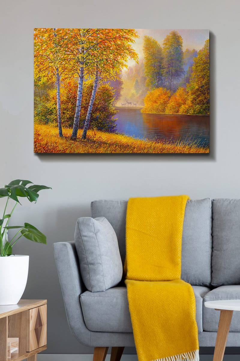 Canvastavla 70x100 cm - Vacker höstlandskap med björkar vid en stilla sjö - Guldorange / Grön / Blå - Inredning - Tavlor & posters - Canvastavla