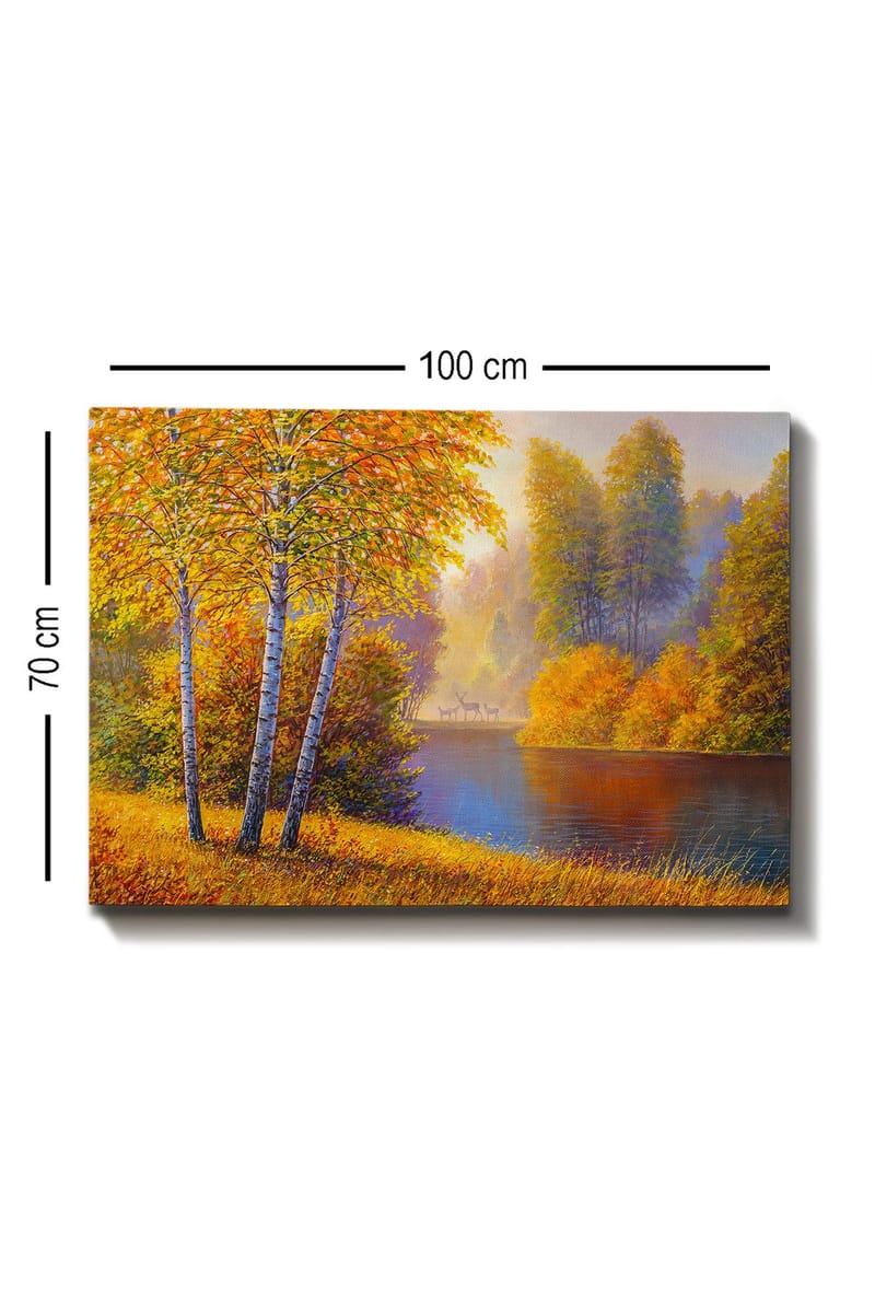 Canvastavla 70x100 cm - Vacker höstlandskap med björkar vid en stilla sjö - Guldorange / Grön / Blå - Inredning - Tavlor & posters - Canvastavla