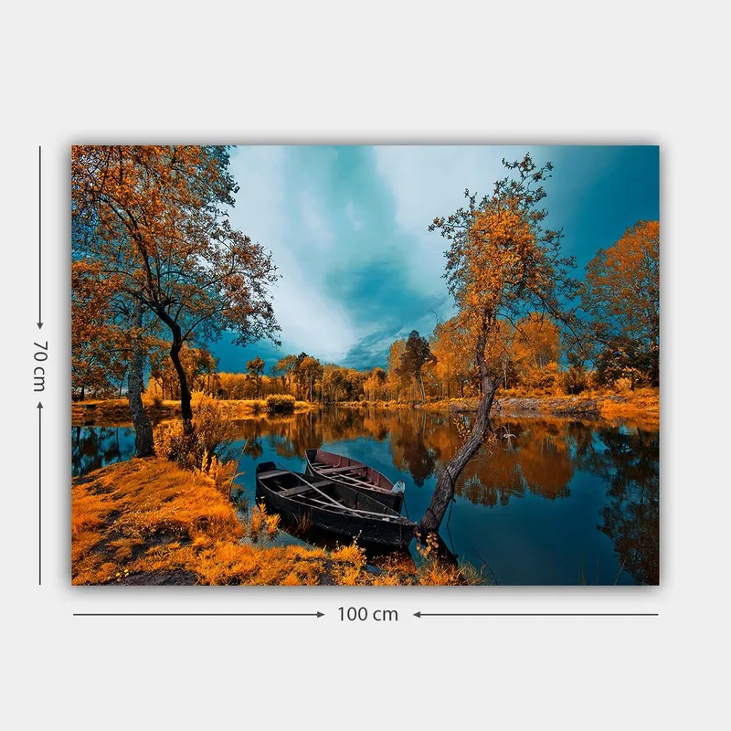 Canvastavla 70x100 cm - Vacker höstlandskap med en stilla sjö och en båt vid strandkanten - Orange / Turkos - Inredning - Tavlor & posters - Canvastavla