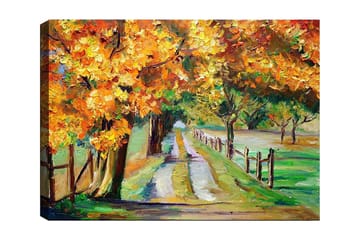 Canvastavla 70x100 cm - Vacker höstlandskap med färgglada träd längs en grusväg - Orange / Grön / Brun - Inredning - Tavlor & posters - Canvastavla