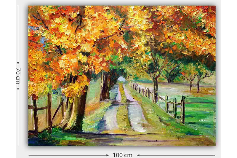 Canvastavla 70x100 cm - Vacker höstlandskap med färgglada träd längs en grusväg - Orange / Grön / Brun - Inredning - Tavlor & posters - Canvastavla