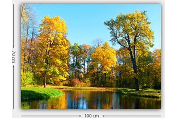 Canvastavla 70x100 cm - Vacker höstlandskap med färgglada träd och en spegelblanka sjö - Guldgul / Grön / Blå - Inredning - Tavlor & posters - Canvastavla