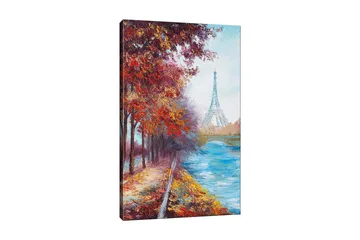 Canvastavla 70x100 cm - Vacker höstscen med Eiffeltornet i bakgrunden, omgiven av färgglada träd och en glittrande flod - Röd / Blå / Orange - Inredning - Tavlor & posters - Canvastavla