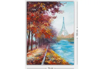 Canvastavla 70x100 cm - Vacker höstscen med Eiffeltornet i bakgrunden, omgiven av färgglada träd och en glittrande flod - Röd / Blå / Orange - Inredning - Tavlor & posters - Canvastavla