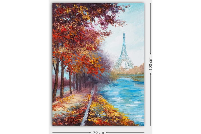 Canvastavla 70x100 cm - Vacker höstscen med Eiffeltornet i bakgrunden, omgiven av färgglada träd och en glittrande flod - Röd / Blå / Orange - Inredning - Tavlor & posters - Canvastavla