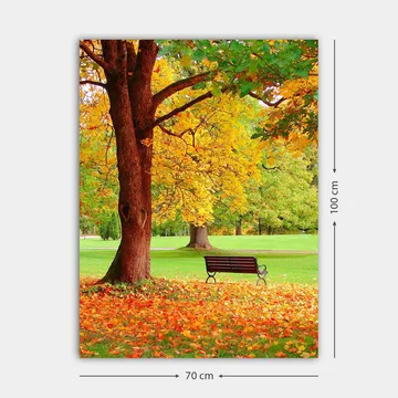 Canvastavla 70x100 cm - Vacker höstscen med en bänk under ett färgsprakande träd - Guldgul / Orange / Brun - Inredning - Tavlor & posters - Canvastavla