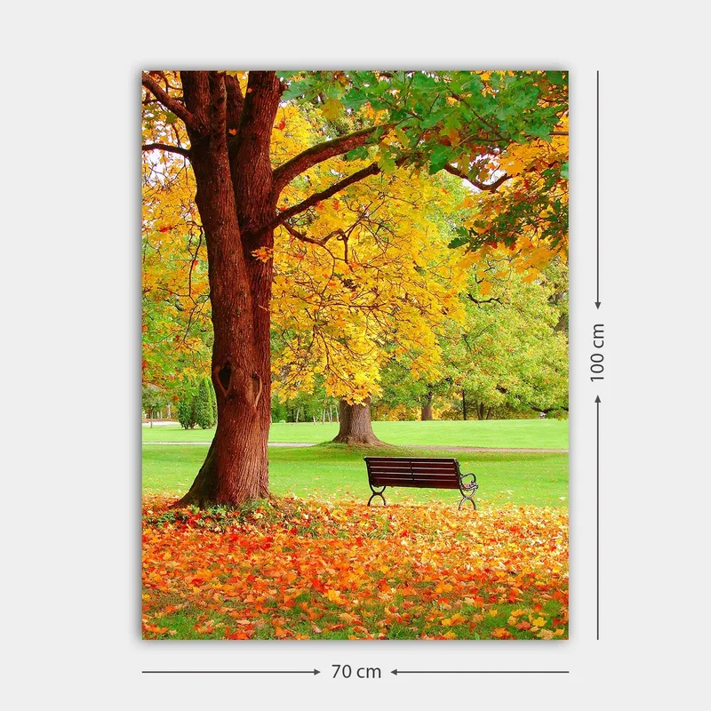 Canvastavla 70x100 cm - Vacker höstscen med en bänk under ett färgsprakande träd - Guldgul / Orange / Brun - Inredning - Tavlor & posters - Canvastavla