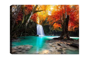 Canvastavla 70x100 cm - Vacker höstscen med en vattenfall omgiven av färgglada träd i orange och röd nyans - Turkos / Orange / Röd - Inredning - Tavlor & posters - Canvastavla