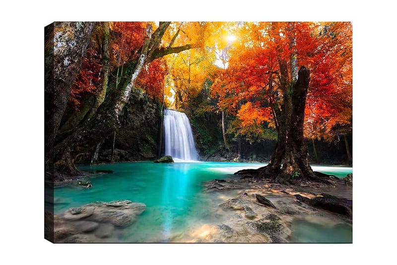Canvastavla 70x100 cm - Vacker höstscen med en vattenfall omgiven av färgglada träd i orange och röd nyans, Turkos / Orange / Röd