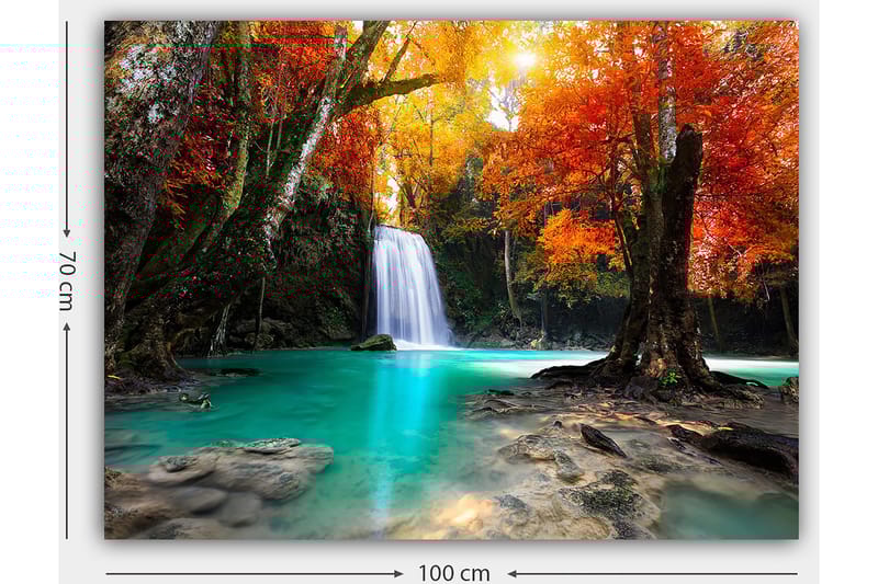 Canvastavla 70x100 cm - Vacker höstscen med en vattenfall omgiven av färgglada träd i orange och röd nyans - Turkos / Orange / Röd - Inredning - Tavlor & posters - Canvastavla