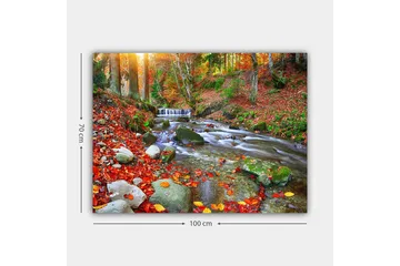 Canvastavla 70x100 cm - Vacker höstscen med en porlande bäck omgiven av färgglada höstlöv - Röd / Grön / Brun - Inredning - Tavlor & posters - Canvastavla