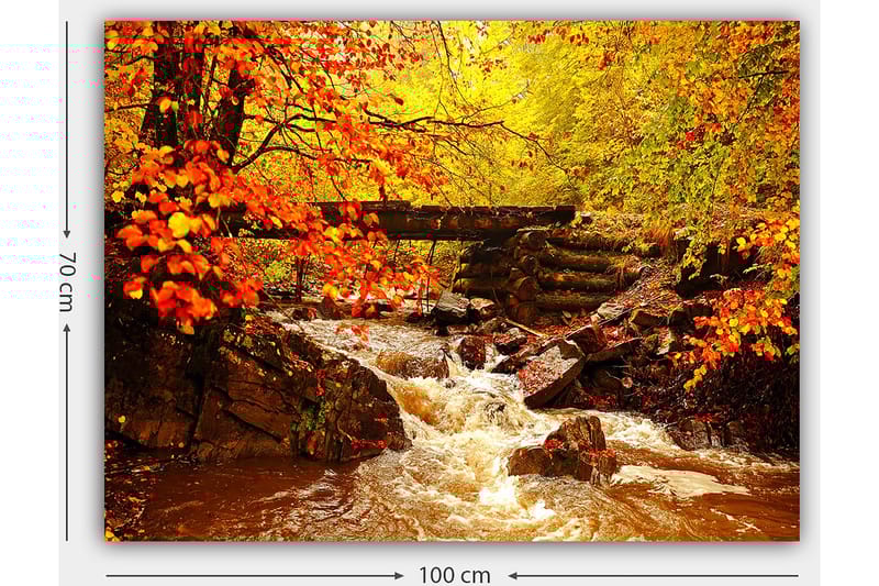 Canvastavla 70x100 cm - Vacker höstscen med en porlande bäck omgiven av färgglada träd och löv i varma nyanser - Orange / Gult / Brunt - Inredning - Tavlor & posters - Canvastavla