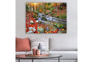 Canvastavla 70x100 cm - Vacker höstscen med en porlande bäck omgiven av färgglada höstlöv - Röd / Grön / Brun - Inredning - Tavlor & posters - Canvastavla
