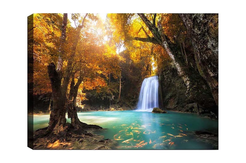 Canvastavla 70x100 cm - Vacker höstscen med ett vattenfall omgiven av färgglada träd och klart vatten, Guldorange / Turkos / Brun