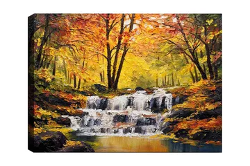 Canvastavla 70x100 cm - Vacker höstscen med ett porlande vattenfall omgiven av färgglada träd i gult och orange - Gult / Orange / Brunt - Inredning - Tavlor & posters - Canvastavla