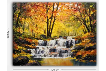 Canvastavla 70x100 cm - Vacker höstscen med ett porlande vattenfall omgiven av färgglada träd i gult och orange - Gult / Orange / Brunt - Inredning - Tavlor & posters - Canvastavla