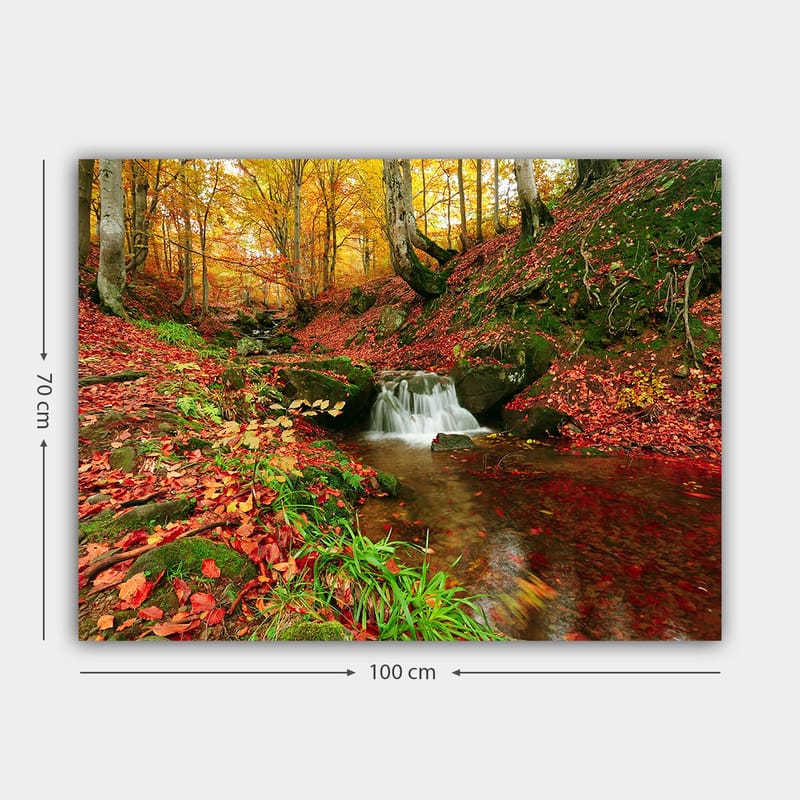 Canvastavla 70x100 cm - Vacker höstscen med ett porlande vattendrag omgiven av färgglada lövträd - Orange / Röd / Grön - Inredning - Tavlor & posters - Canvastavla