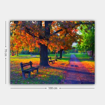 Canvastavla 70x100 cm - Vacker höstscen med färgglada träd och bänkar i en park - Orange / Grön / Brun - Inredning - Tavlor & posters - Canvastavla