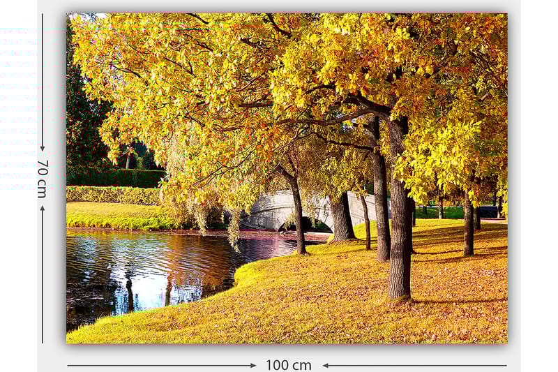 Canvastavla 70x100 cm - Vacker höstscen med gyllene träd som speglar sig i en stilla sjö - Guld / Grön / Brun - Inredning - Tavlor & posters - Canvastavla