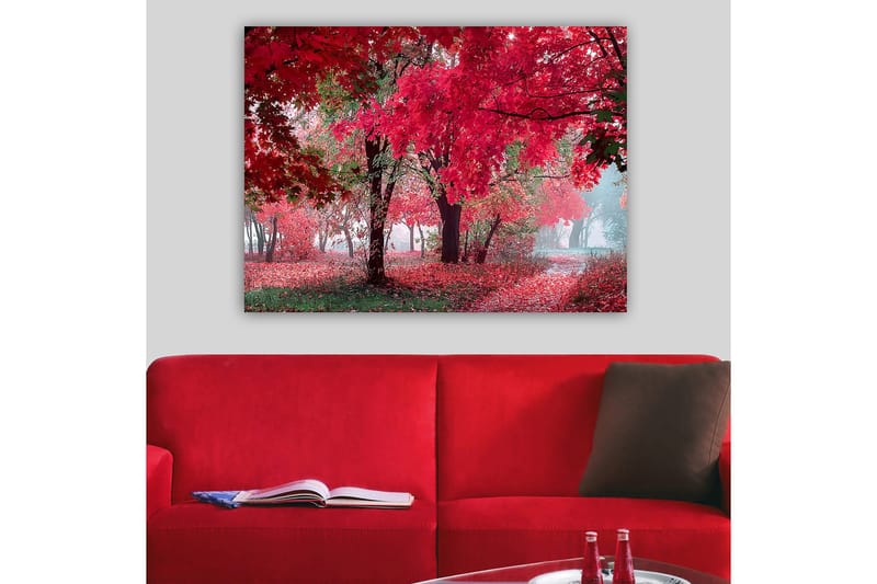 Canvastavla 70x100 cm - Vacker höstscen med röda och orangea löv som täcker träden och marken - Röd / Orange / Grön - Inredning - Tavlor & posters - Canvastavla