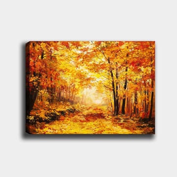 Canvastavla 70x100 cm - Vacker höstskog med gyllene och orangea löv som skapar en varm och inbjudande atmosfär - Guld / Orange / Röd - Inredning - Tavlor & posters - Canvastavla