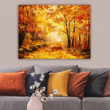 Canvastavla 70x100 cm - Vacker höstskog med gyllene och orangea löv som skapar en varm och inbjudande atmosfär - Guld / Orange / Röd - Inredning - Tavlor & posters - Canvastavla