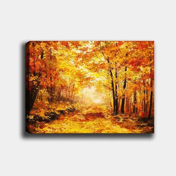 Canvastavla 70x100 cm - Vacker höstskog med gyllene och orangea löv som skapar en varm och inbjudande atmosfär - Guld / Orange / Röd - Inredning - Tavlor & posters - Canvastavla