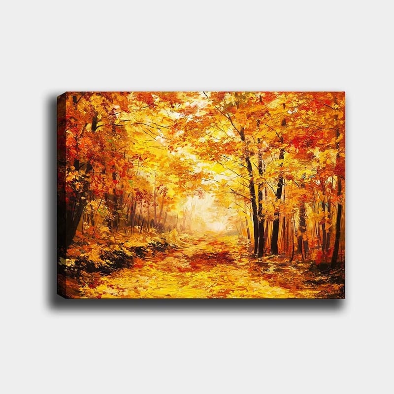 Canvastavla 70x100 cm - Vacker höstskog med gyllene och orangea löv som skapar en varm och inbjudande atmosfär, Guld / Orange / Röd