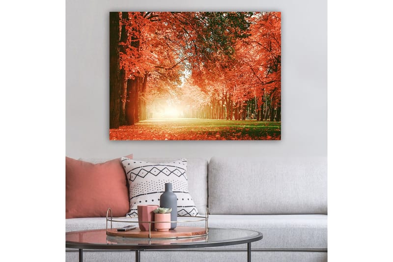 Canvastavla 70x100 cm - Vacker höstskog med strålande orangea och röda löv som skapar en varm och inbjudande atmosfär - Orange / Röd / Grön - Inredning - Tavlor & posters - Canvastavla