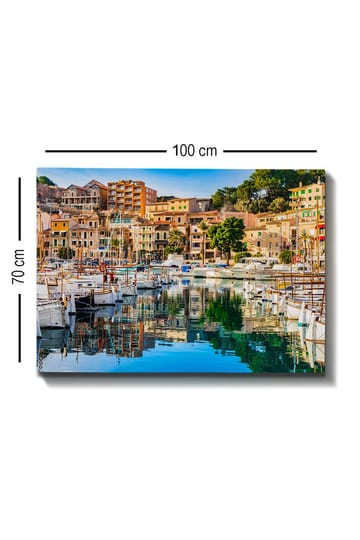 Canvastavla 70x100 cm - Vacker hamn med segelbåtar och färgglada hus vid vattnet - Blå / Grön / Orange - Inredning - Tavlor & posters - Canvastavla