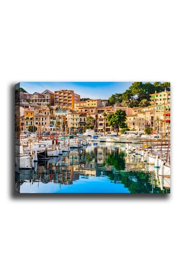 Canvastavla 70x100 cm - Vacker hamn med segelbåtar och färgglada hus vid vattnet - Blå / Grön / Orange - Inredning - Tavlor & posters - Canvastavla