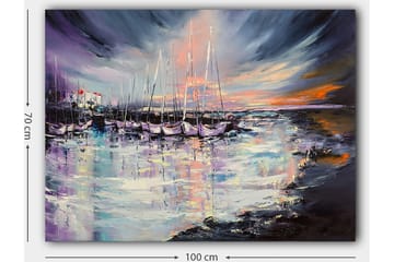 Canvastavla 70x100 cm - Vacker hamn med segelbåtar som reflekteras i vattnet under en färgsprakande solnedgång - Lila / Blå / Orange - Inredning - Tavlor & posters - Canvastavla