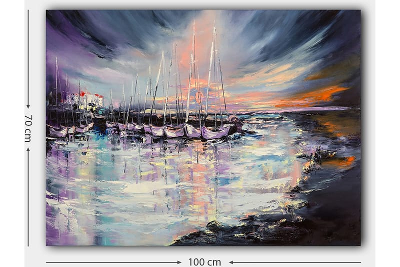 Canvastavla 70x100 cm - Vacker hamn med segelbåtar som reflekteras i vattnet under en färgsprakande solnedgång - Lila / Blå / Orange - Inredning - Tavlor & posters - Canvastavla