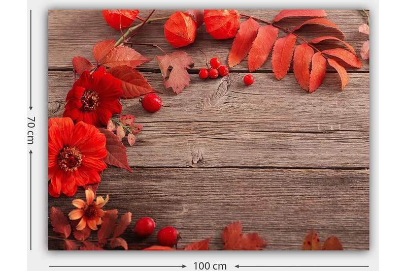 Canvastavla 70x100 cm - Vacker komposition av röda blommor och höstlöv mot en träbakgrund - Röd / Orange / Brun - Inredning - Tavlor & posters - Canvastavla