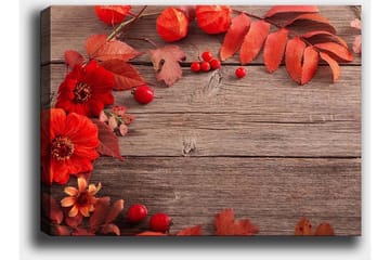 Canvastavla 70x100 cm - Vacker komposition av röda blommor och höstlöv mot en träbakgrund - Röd / Orange / Brun - Inredning - Tavlor & posters - Canvastavla