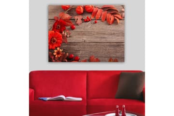 Canvastavla 70x100 cm - Vacker komposition av röda blommor och höstlöv mot en träbakgrund - Röd / Orange / Brun - Inredning - Tavlor & posters - Canvastavla