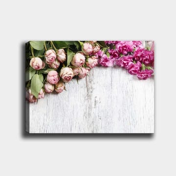 Canvastavla 70x100 cm - Vacker komposition av rosor och nejlikor i mjuka rosa nyanser - Ljusrosa / Mörkrosa / Grön - Inredning - Tavlor & posters - Canvastavla