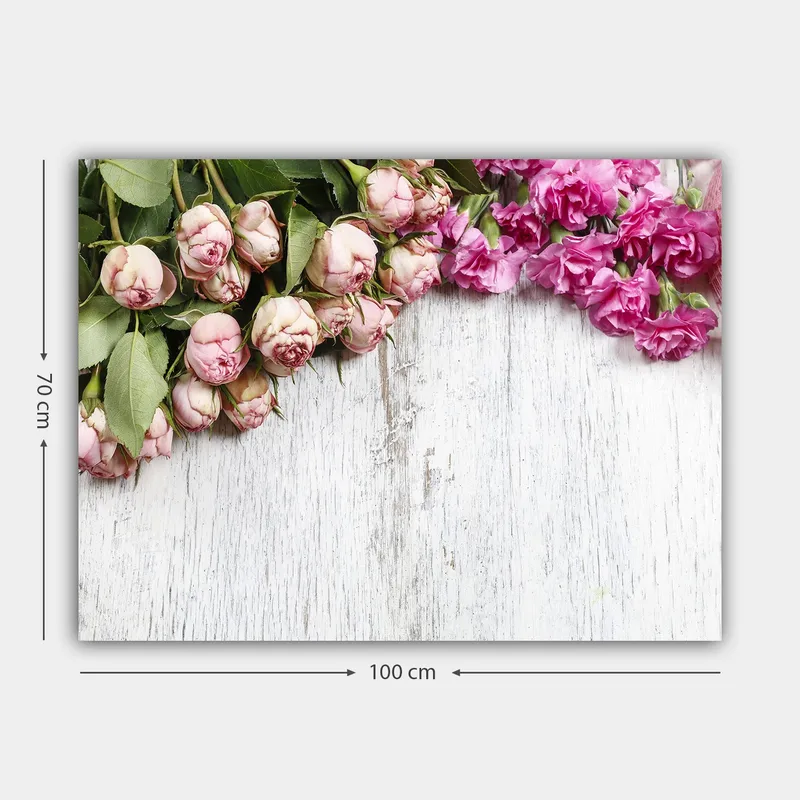 Canvastavla 70x100 cm - Vacker komposition av rosor och nejlikor i mjuka rosa nyanser - Ljusrosa / Mörkrosa / Grön - Inredning - Tavlor & posters - Canvastavla