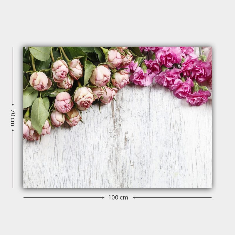 Canvastavla 70x100 cm - Vacker komposition av rosor och nejlikor i mjuka rosa nyanser - Ljusrosa / Mörkrosa / Grön - Inredning - Tavlor & posters - Canvastavla