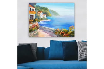 Canvastavla 70x100 cm - Vacker kustlandskap med vita hus och blomstrande växter vid havet - Blå / Grön / Orange - Inredning - Tavlor & posters - Canvastavla