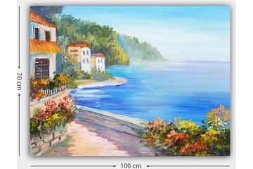 Canvastavla 70x100 cm - Vacker kustlandskap med vita hus och blomstrande växter vid havet - Blå / Grön / Orange - Inredning - Tavlor & posters - Canvastavla