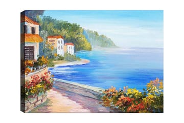 Canvastavla 70x100 cm - Vacker kustlandskap med vita hus och blomstrande växter vid havet - Blå / Grön / Orange - Inredning - Tavlor & posters - Canvastavla