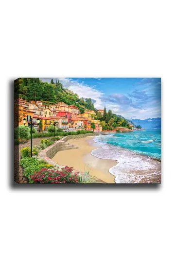 Canvastavla 70x100 cm - Vacker kustlinje med färgglada hus som klättrar uppför en grönskande kulle vid en strand - Blå / Grön / Gul - Inredning - Tavlor & posters - Canvastavla